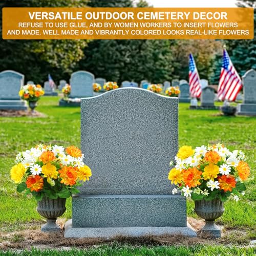 44 Heads Artificial Flowers for Outdoors, 4 Bunches 17 Inch Dahlia Daisies Mum Fake Plants UV Resistant Faux Flowers Bouquet Cemetery Flowers for Grave Outside Indoor Home Spring Summer Decor (Yellow) - color: Yellow