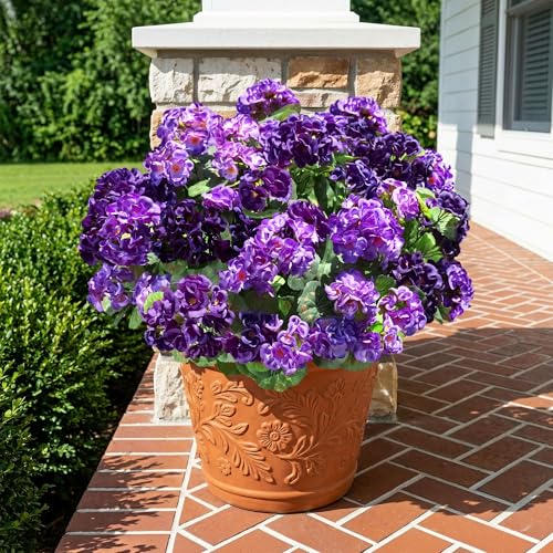 Fake Geraniums Artificial Flowers for Outdoors, 6 Bundles Silk Geraniums Flowers Realistic UV Resistant Fake Plants Faux Flowers for Outside Planters Front Door Garden Balcony Yard Porch Indoor, Mix - color: 3 Purple, 3 Dark Purple