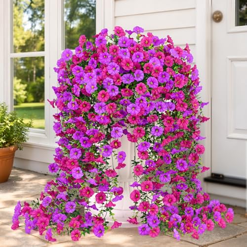Artificial Hanging Flowers for Outdoors, Fake Hanging Flowers for Decoration, UV Resistant Artificial Outdoor Plants, 2 Pcs Morning Glory for Outdoors Garden Patio Porch Yard Decor, Purple & Fuchsia - color: Purple & Fuchsia, size: 2 Pack