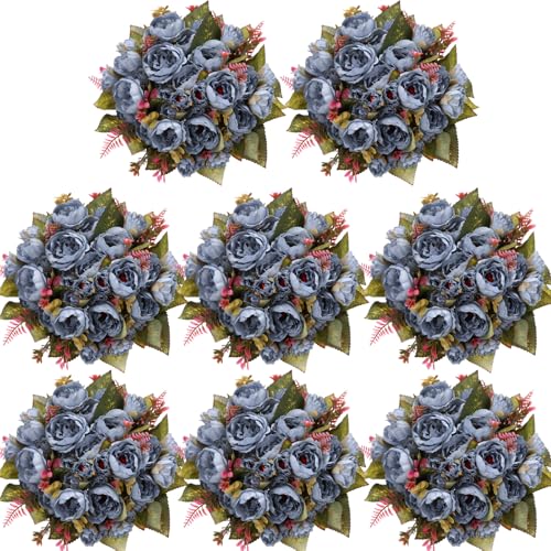 Geosar 8 Bundles Artificial Peonies Flowers Fake Silk Peony Bouquet Faux Peonies Flowers Bulk for Decoration Vase Floral Arrangements Wedding Party Table (Blue) - color: Blue