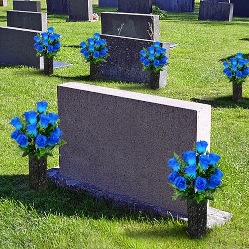 Artificial Cemetery Flowers, Grave Memorial Flowers, Set of 2 Artificial Rose Bouquet with Vase for Cemetery Headstones Gravesites Decoration (Blue) - color: Blue