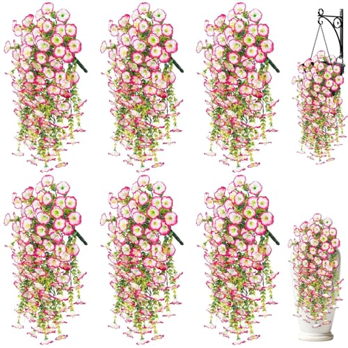 Artificial Hanging Flowers for Outdoors, 6 PCS Silk Morning Glory Artificial Flowers with Eucalyptus Leaves, UV Resistant Fake Flower Realistic Faux Plants for Home Patio Porch Garden, White+Pink - color: White+pink