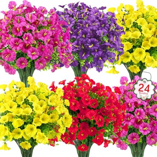 Ouddy Decor 24 Bundles Artificial Flowers for Outdoors Decoration Fake Silk Morning Glory Flowers Faux Eucalyptus Plants UV Resistant for Porch Patio Garden Spring Summer Home Decor, Multicolor - color: Multi Color