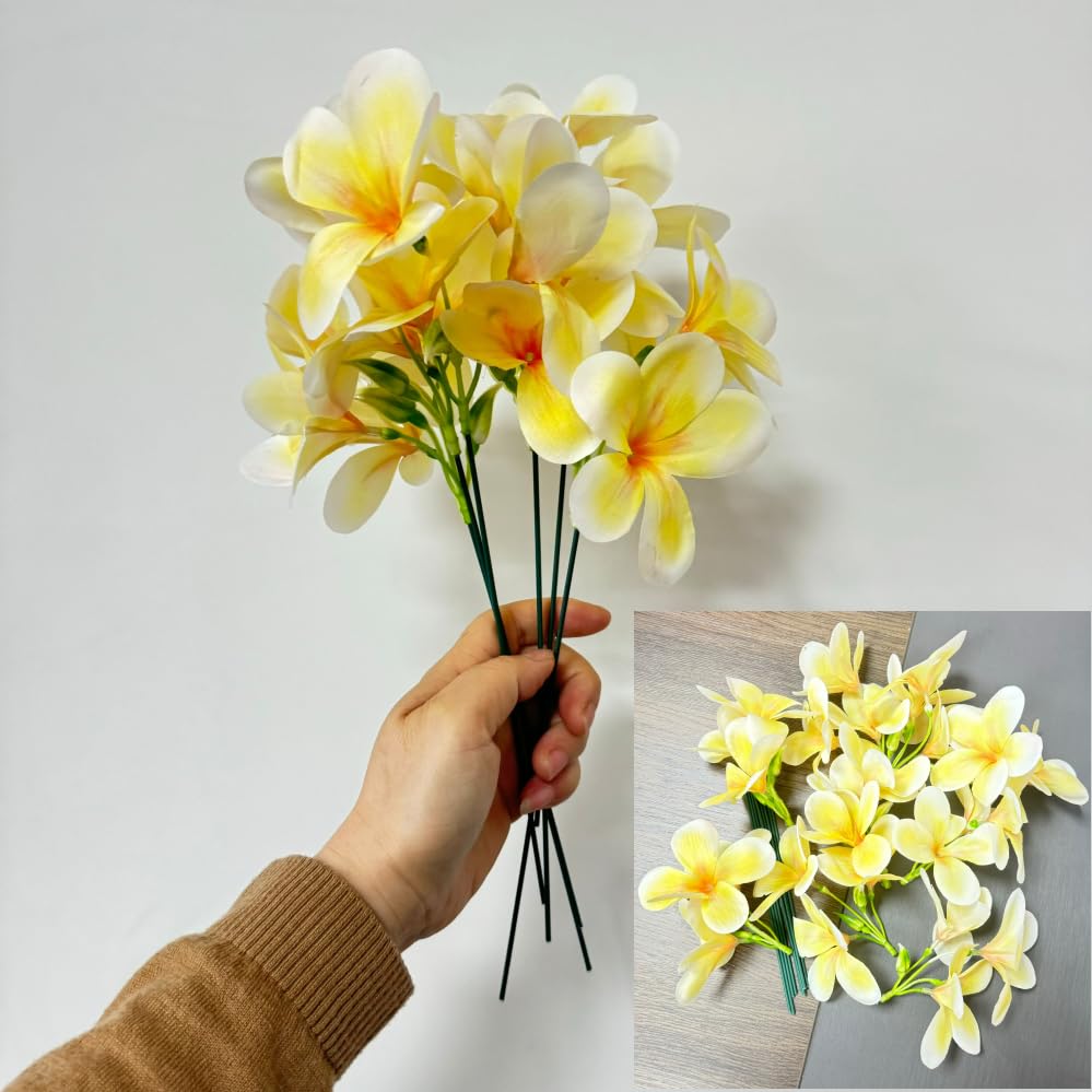 10 Bunch Pink Artificial Flowers Fake Plumeria Flower with Stems,12inch Real Touch Lifelike Frangipani Flower Bouquets for Wedding Engagement Party Cake Topper Spring Flowers Beach Decor (Yellow) - color: Yellow