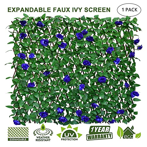 Sumery Expandable Fence Privacy Screen for Balcony Patio Outdoor,Decorative Faux Ivy Fencing Panel,Artificial Hedges (Single Sided Leaves) (1, Blue Flowers) - color: Blue Flowers