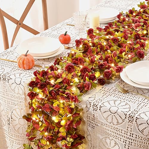 BLEUM CADE 5Pcs 41Ft Flowers Garland Artificial Rose Vines with 32.8Ft String Lights, Cute Fake Hanging Flower Vines Floral Garland Decorations for Wedding Party Wall Room Decor Aesthetic - color: Burgundy Red With Lights, size: 5 Pcs