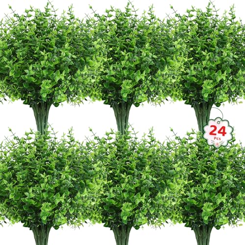 Roberly 24 Bundles Artificial Greenery Stems, UV Resistant Eucalyptus Fake Plants Outdoor Shrubs Greenery Plastic Plants for Garden Porch Window Box Farmhouse Indoor Home Office Decor, Green - color: Green