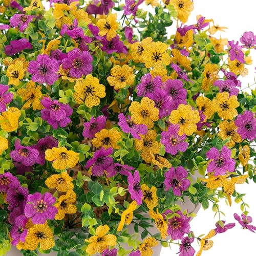 Artificial Fake Mums Flowers for Outdoor Spring Summer Decor, 12 Bundles Faux Silk Plants Daisy for Planter Pot Colorful UV Resistant Look Real for Front Door Porch Patio Outside Yard(Purple Yellow) - color: Purple Yellow