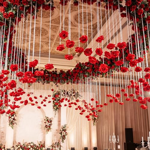 Norme 16pcs 31.4 Inch Red Rose Hanging Garland Crystal Beaded String Garland Artificial Rose Flower Decor for Mother's Day Ceiling Wedding Engagement Bridal Shower Party Decorations - color: Red