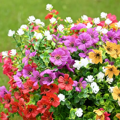 LADADA Artificial Flowers for Outdoors Faux Plants Outdoor Fake Flowers Spring, UV Resistant 12 Bundles Lifelike Faux Plants Greenery Shrubs for Patio Porch Garden Hanging Baskets Window Box Decor - color: Red Yellow Purple Pink