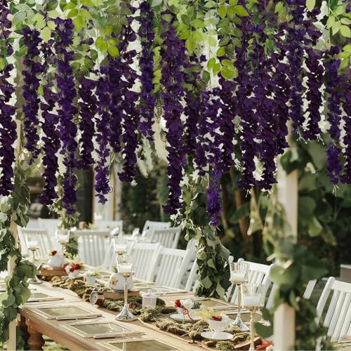 IPOPU Dark Purple Wisteria Hanging Flowers Garland 6.4FT Wisteria Garland Hanging Flowers for Decoration for Wedding Arch, Backdrop, Garden Party Decor, 3 PCS (Dark Purple) - color: Dark Purple