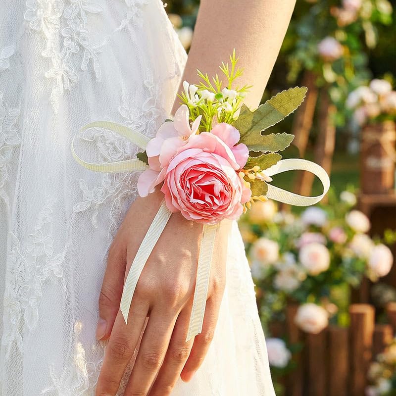 Wedding Corsage Wristlet Red Rose Wrist Corsage for Women (Pink) - color: Pink