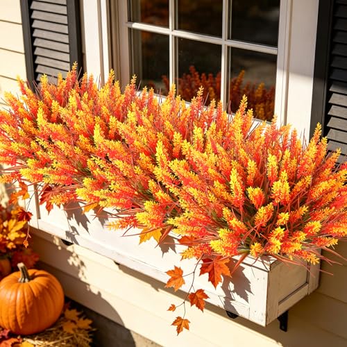 AmyHomie 16 Bundles Fall Orange Artificial Lavender Flowers with Monkey Grass, UV Resistant Faux Greenery for Outdoor Patio, Fall Planters, Autumn Garden, Farmhouse Decor & Thanksgiving Arrangements - color: Lavender Fall Orange, size: 16
