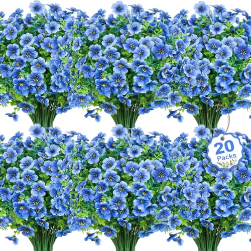 20 Bundles Artificial Flowers for Outdoors Decoration Fake Silk Flowers UV Resistant Faux Plants Artificial Daisy Eucalyptus for Spring Summer Garden Yard Porch Window Home Decor, Blue - color: Blue