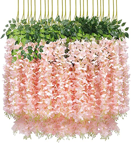 U'Artlines 24 Pack(Total 43.2 Feet) Artificial Fake Wisteria Vine Rattan Hanging Garland Silk Flowers String Home Party Wedding Decor (24, Light Pink) - color: Light Pink