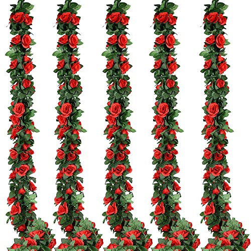 5pack Flower Garland Artificial Fake Rose Garland Vine Artificial Flowers for Decoration Floral Garlands Decor-Total 41 Ft (Red) - color: Red