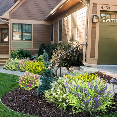 Grunyia 20 Bundles Artificial Plants Outdoor Fake Monkey Grass with Flowers (Purple) - color: Purple