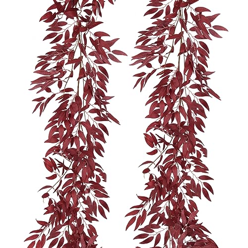 RECUTMS Artificial Hanging Willow Leaves Vine Twigs 2Pcs 5.7Ft Fake Silk Burgundy Leaf Ivy Fall Garland Faux Greenery Indoor Outdoor Valentines Day Wedding Birthday Christmas Thanksgiving Party Decor - color: Willow Vines Burgundy 2pcs