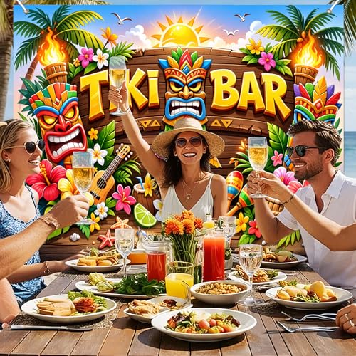 BlissYard Tiki Bar Backdrop Hawaiian Luau Party Banner Tropical Beach Theme Decoration 8x6FT Large Aloha Tiki Mask Photo Booth Background Summer Birthday Pool Party Indoor Outdoor Event Photography - color: Tiki Bar Aloha#02