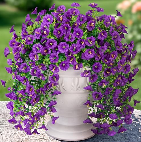 Artificial Faux Hanging Flowers Plants for Outdoor Decor,2 PCS Fake Silk Morning Glory with Eucalyptus UV Resistant Realistic Trailing Vine for Wall Home Porch Patio Balcony Yard Indoor Decor, Purple - color: Purple