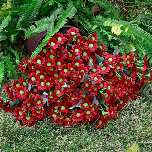 24 Bundles Artificial Daisy Flowers for Outdoor - Fake Mums Faux UV Resistant Daisies Plants Florals for Home Garden Patio Front Porch Outside Decorations - Red