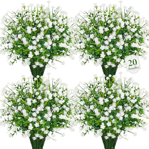 20 Bundles Artificial Flowers for Outdoors Fake Plastic Flowers UV Resistant Realistic Faux Plants Shrubs for Spring Summer Garden Porch Yard Patio Planter Window Box Home Decor, White - color: White