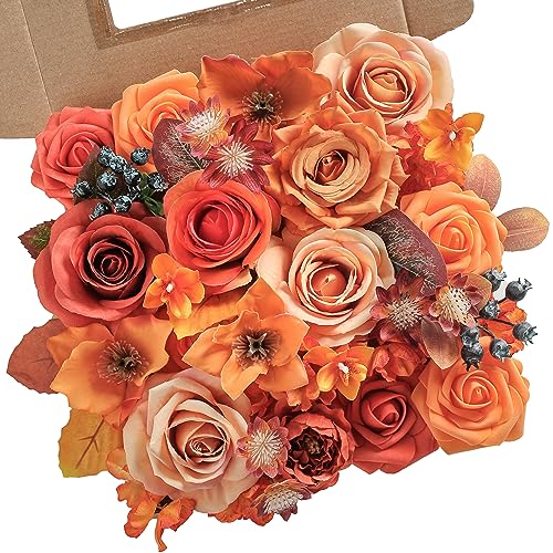 rongflower Orange Artificial Flowers Combo Box Set Fall Silk Flowers Fake Rose for DIY Floral Arrangements Wedding Bouquets Centerpieces Baby Shower Party Home Decorations - color: Rustic Terracotta Orange