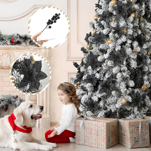Alupssuc 24 Pieces Christmas Tree Decorations, 12 PCS Black Poinsettia Flowers Artificial and 12 PCS Glitter Christmas Tree Picks for Christmas Decorations Party Wreath Fireplace Stairs, Black - color: Black