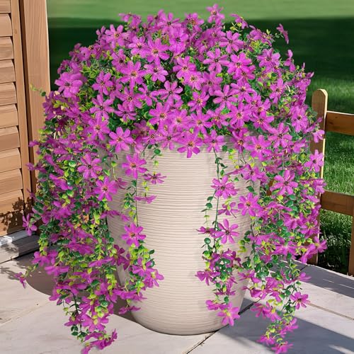 Hrobek 2 PCS Artificial Hanging Flowers Outdoor Spring Summer Decoration, Fake Hanging Vine Plants UV Resistant, Faux Daisy Flower Eucalyptus for Outside Home Indoor Porch - color: B-purple