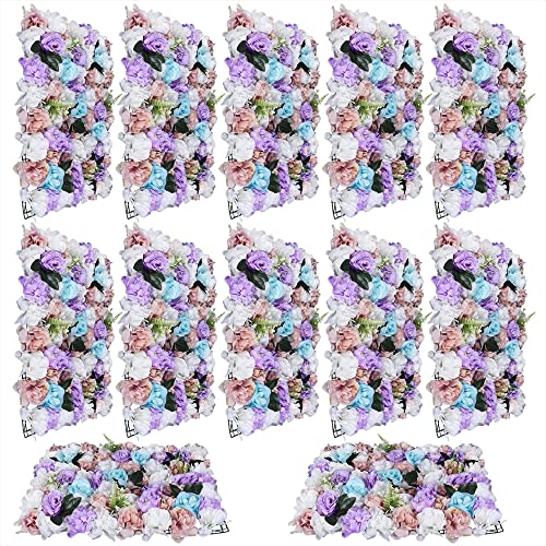 12 Pcs Artificial Flower Wall Panels 60x40cm 3D Flower Background for Wall, Wedding Flower Decorations Wall Silk Rose Panels for Candy Wall, Photo Areas, Stage Background Wall(Dahlia + Rose + Leaf) - color: Light Blue + Purple
