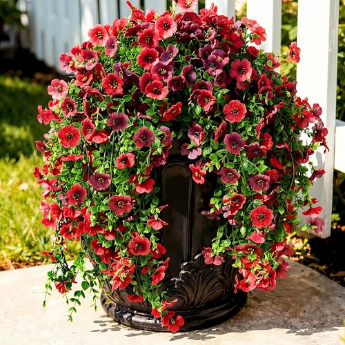 Suncalla 4 Pcs 30In Artificial Hanging Flowers for Outdoor Planter 156 Branches Trailing Faux Potted Plant Fake Floral UV & Fading Resistant for Wedding Patio Spring Summer Decor(Red,Reddish Brown) - color: Red,reddish Brown