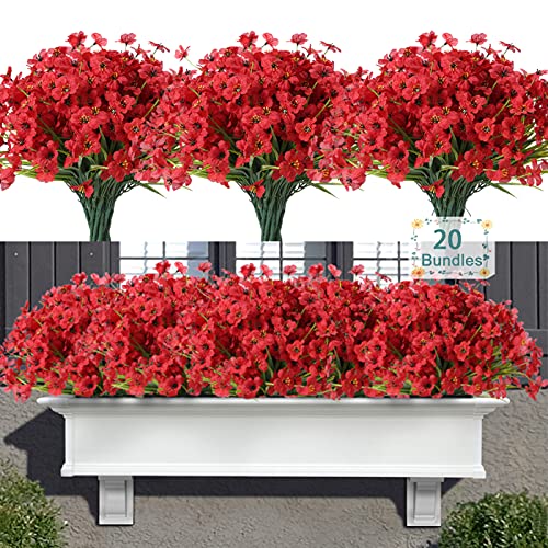 20 Bundles Artificial Flowers for Outdoors, UV Resistant Fake Flowers with Plastic Plants, Faux Silk Flowers for Planter outdoors, Fake realistic flowers For Window Box Front Porch Patio Decor-Red - color: Red