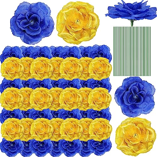 Yunlly 100 Pcs Artificial Flowers Fake Silk Roses Long Stem Rose Bouquet Wedding Party Home Decor for DIY Baby Shower Centerpieces Tables Home Decorations(Blue, Gold) - color: Blue, Gold