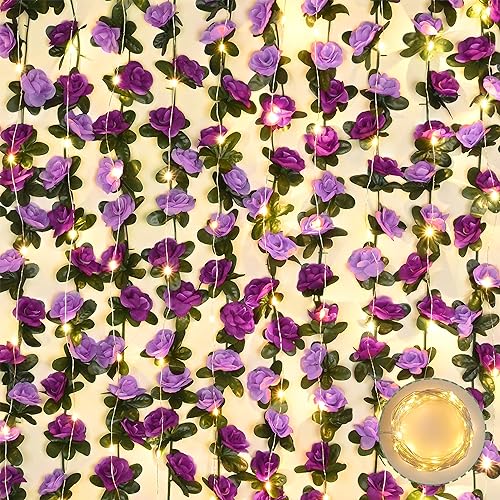 BLEUM CADE 5Pcs 41Ft Flower Garland Artificial Rose Vines with 32.8Ft String Lights, Cute Fake Hanging Flower Vines Floral Garland Decorations for Wedding Party Wall Room Decor Aesthetic - color: Purple With Lights, size: 5 Pcs