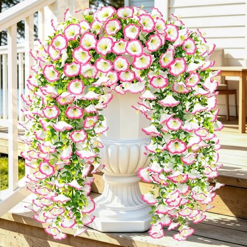 Artificial Hanging Flowers for Outdoor, 4Pcs UV Resistant Faux Morning Glory Flower Spring Summer Decroation, No Fade Fake Flower Trailing Vine for Porch Patio Balcony Yard Garden (Pink) - color: Pink