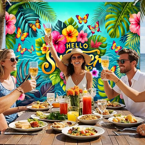 BlissYard Hello Summer Tropical Floral Backdrop 8x6ft Beach Leaf Flower Background Colorful Hibiscus Palm Butterfly Design for Summer Party Birthday Pool Event Photo Booth Decoration Banner - color: Summer Beach#06