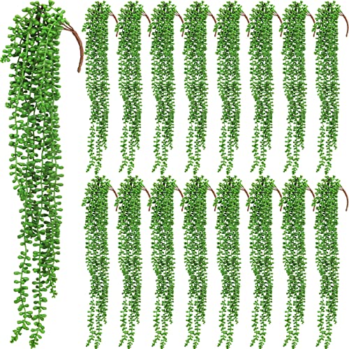 Janinka 16 Pcs Artificial Succulents Bulk Hanging Plants 24 Inches Large Fake String of Pearls Fake Plants Wall Greenery Decor for Garden Indoor Outdoor Decoration