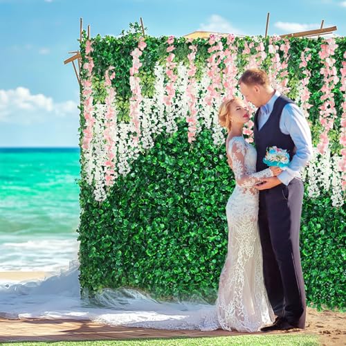 54 Pack Greenery Backdrop with Flowers Include 18 Pcs 16" x 24" Grass Wall Panels Artificial Hedge Boxwood Panels 36 Pcs 3.6 Feet Wisteria Hanging Flowers Garland for Wedding Summer(Light Pink) - color: Light Pink