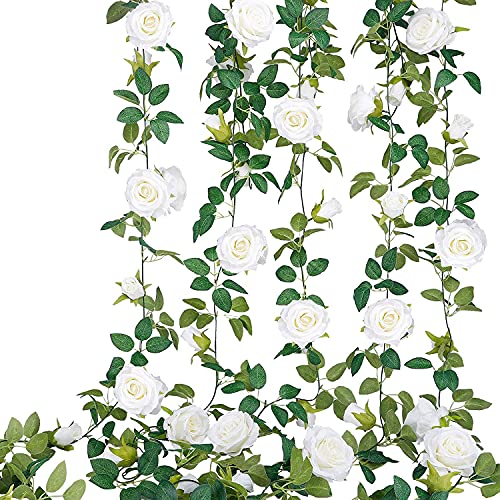 TELDRASSIL 4Pcs(26 FT) Artificial Rose Vine Fake Flower Garland Fake Silk Rose Hanging Vine for Wedding Party Background Arch Garden Background Decoration (White) - color: White