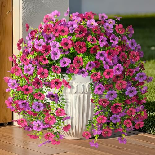 INQCMY 2Pcs Artificial Fake Hanging Flowers for Outdoors UV Resistant Artificial Plants for Spring Summer Decor Look Real Faux Flowers for Outside Home Planter Porch Patio Decor - color: Purple Red
