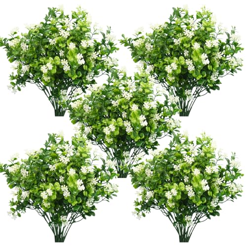 SJL Fake Outdoor Plants, Uv Protected Artificial Outdoor Flowers No Fade Faux Spring Flower Realistic Plastic Plant for Patio Home Yard Garden Indoor Outside Decoration 10Pcs(White) - color: Bundle White-plant
