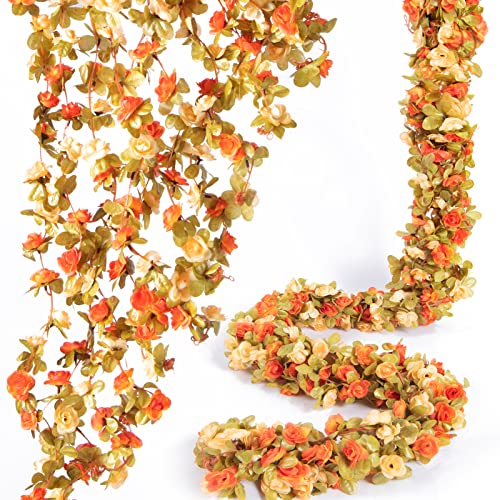 PONKING 8 Pcs x 8.2 ft Flower Garland Artificial Rose Vine Flowers with Green Leaves Hanging Fake Roses Vine for Room Party Home Wedding Birthday Christmas Wall Arch Decor, Fall Champagne Flower - color: Fall-champagne-8pcs, size: 8 Vines 66FT