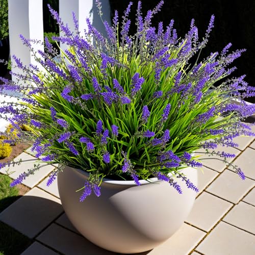 Ammyoo Artificial Faux Plants Flowers for Outdoor Decorations, Fake Monkey Grass for Outside Porch Patio, No Fade Realistic Greenery Plant, UV Resistant Artificial Shrubs for Courtyard Window Garden - color: Purple, size: 12 Pcs