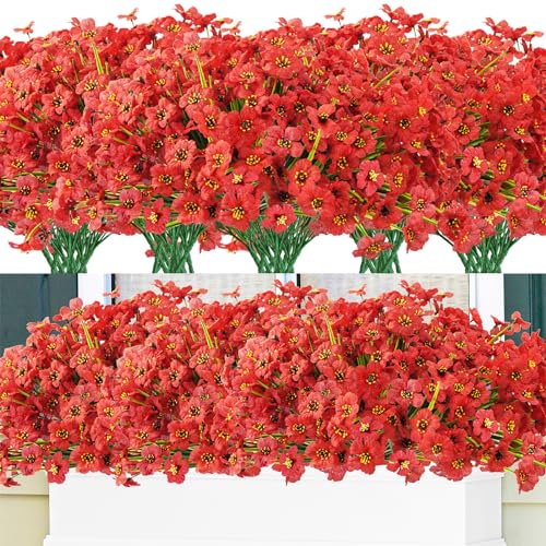 Krissing 48 Bundles Outdoor Artificial Flowers UV Resistant Fake Silk Flowers Faux Plastic Plants Outside Garden Porch Window Box Summer Decoration (Red) - color: Red