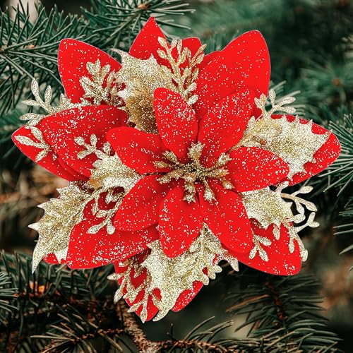 SITUMEIZI 24 Pcs Red Gold Poinsettia Artificial Christmas Flowers 5.5" Glitter Poinsettias Christmas Decorations Tree Flower with Stems & Clips for Wreath Xmas Tree New Year Party Ornament Wedding - color: Red