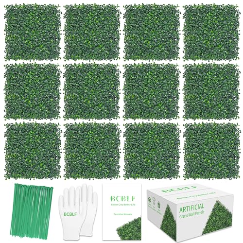 Artificial Grass Wall 10"x 10"(12Pcs) 3-Layer Leaf Boxwood Hedge Panels, UV-Anti Faux Greenery Wall Green Grass Wall Backdrop Decoration for Indoor Outdoor Decor Covering Privacy, 8.3 SQ FT - size: 10x10Inch 12Pcs