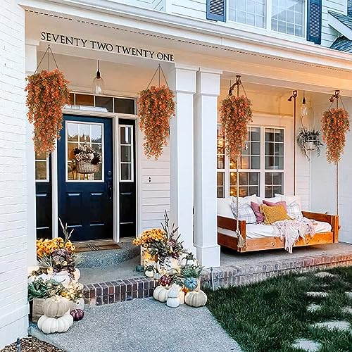 RECUTMS 4 Pcs Fake Fall Eucalyptus Hanging Plants 29.9Inch Artificial Fall Baskets UV Resistant Plastic Greenery for Outdoor Home Room Garden Farmhouse Front Porch Wall Thanksgiving Party Indoor Decor - color: Orange