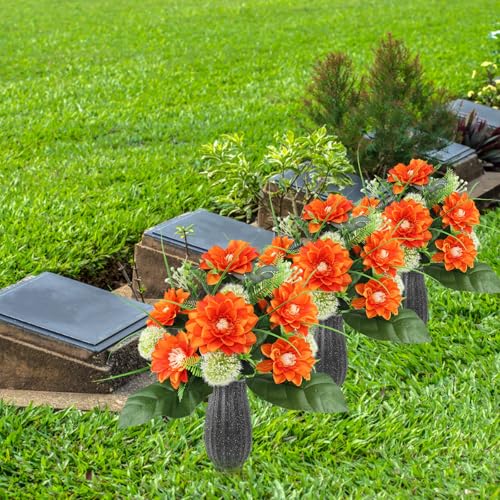 Cemetery Flowers -18 Piece Forked Orange Silk Artificial Flower for Headstones Grave Vase Gravesite Decoration - color: Orange
