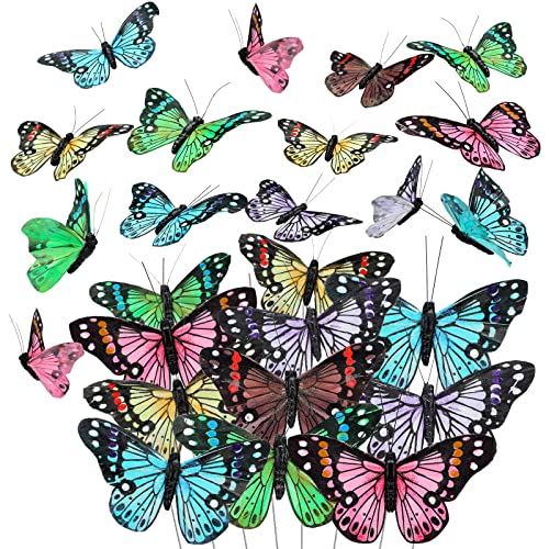 24 Pcs Monarch Butterfly Decorations 4 Size Artificial Monarch Feather Fake Butterfly Picks Crafts with Wire for Wall Flower Pot Spring Floral Party Home Decor(Fresh Colors) - color: Fresh Colors