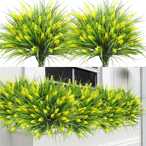 Sggvecsy 24 Bundles Artificial Plants Outdoor Faux Lavender Flowers Fake Monkey Grass UV Resistant Plastic Greenery Plants for Garden Home Porch Window Patio Hanging Planter Indoor Decor (Yellow) - color: Yellow, size: 24pcs